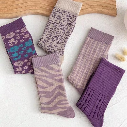 袜子全棉批发紫色双路女款中筒纯棉秋冬复古ins潮日系堆堆袜
